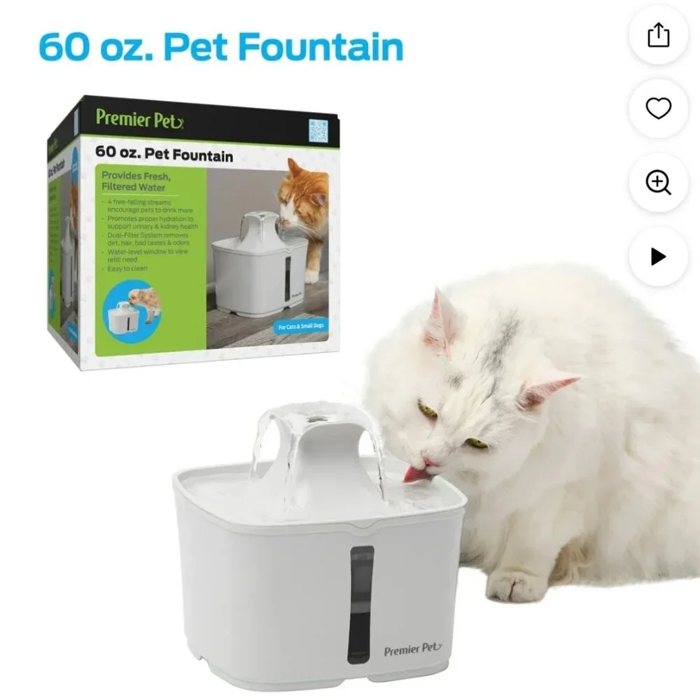 Premier Pet 60 oz. Pet Fountain, Automatic for Cats, Filters Included, White